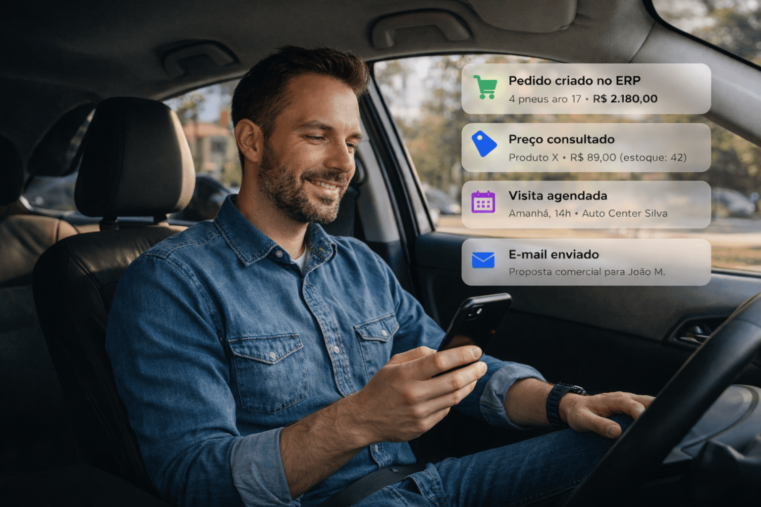 Representante comercial usando o celular enquanto o KangX executa tarefas